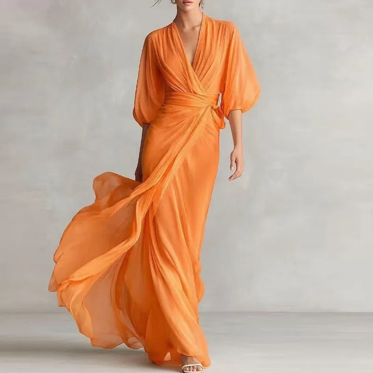 Deep V-Neck Raglan Sleeves Waist Long Dress